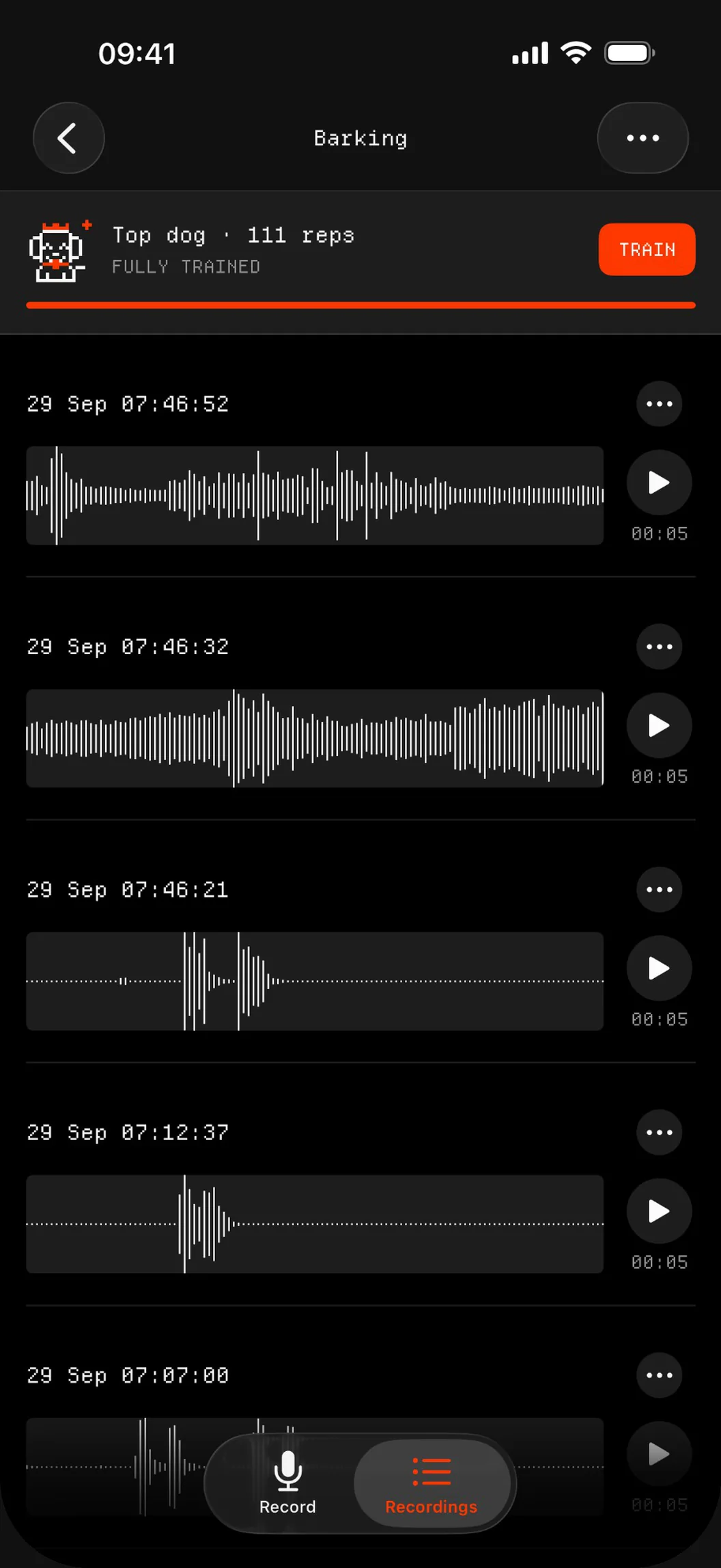 Annotate Audio's Barking folder: every auto-recorded clip with its waveform and time, ready to play