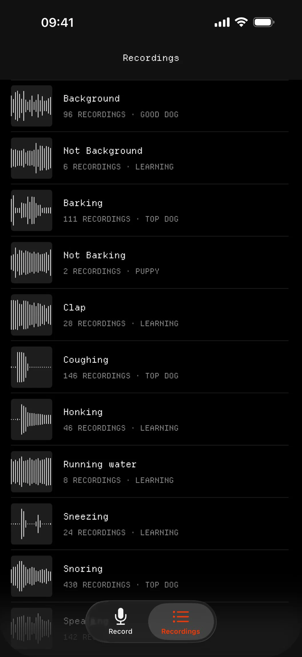 Annotate Audio's recordings list: one folder per sound class, each with its clip count and level