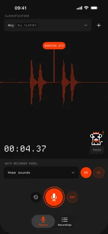 Annotate Audio screen: Auto record catches a bark (97 %)