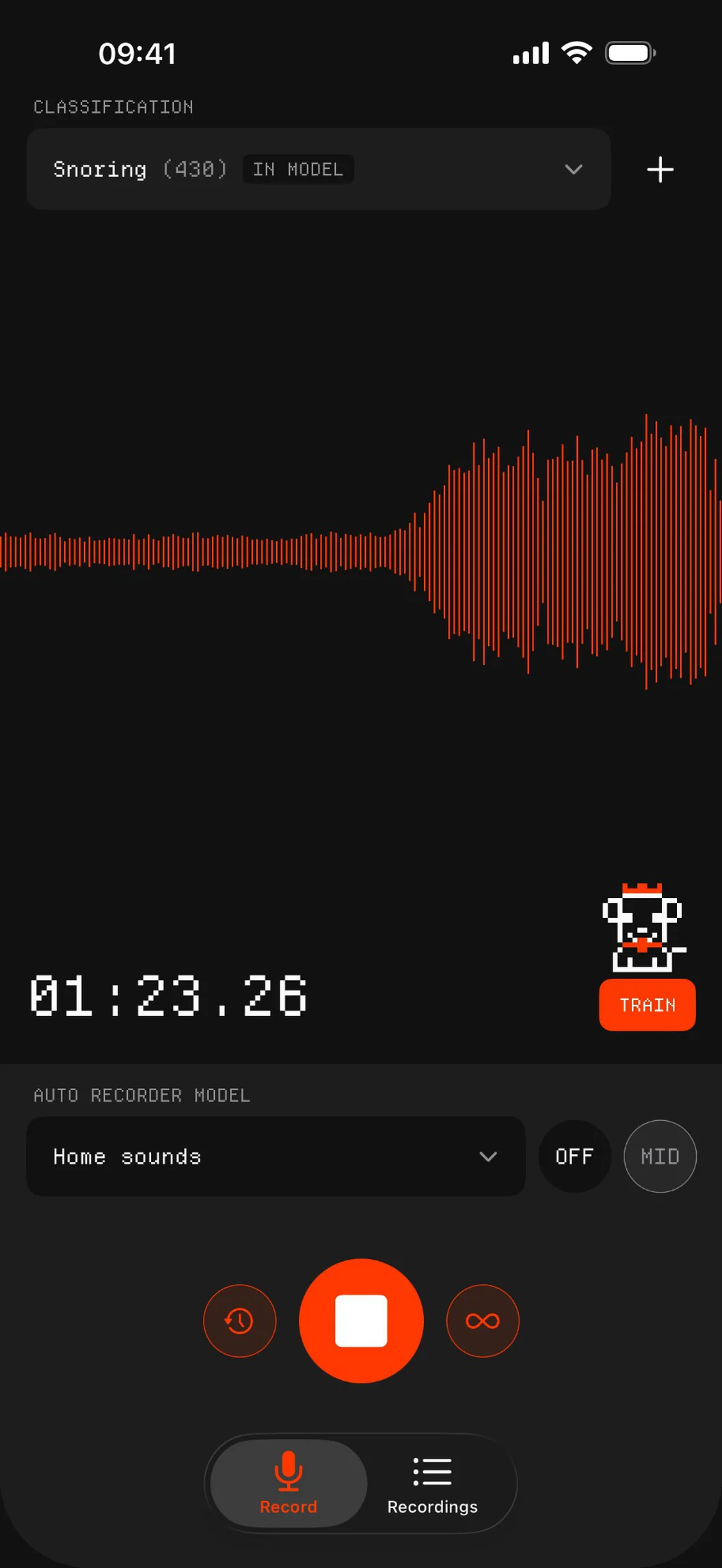 Recording a Snoring example on Annotate Audio's record screen, with its live waveform and timer